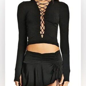 IAMGIA Devin Long Sleeve Lace Up Top Black Plunging Neckline
